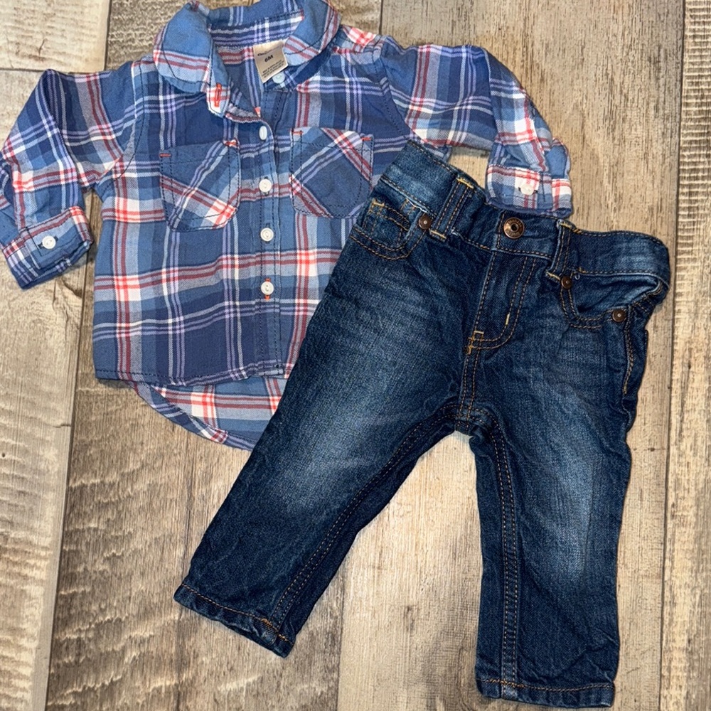 OshKosh B'gosh Jeans and Plaid Shirt Outfit-size 6 months